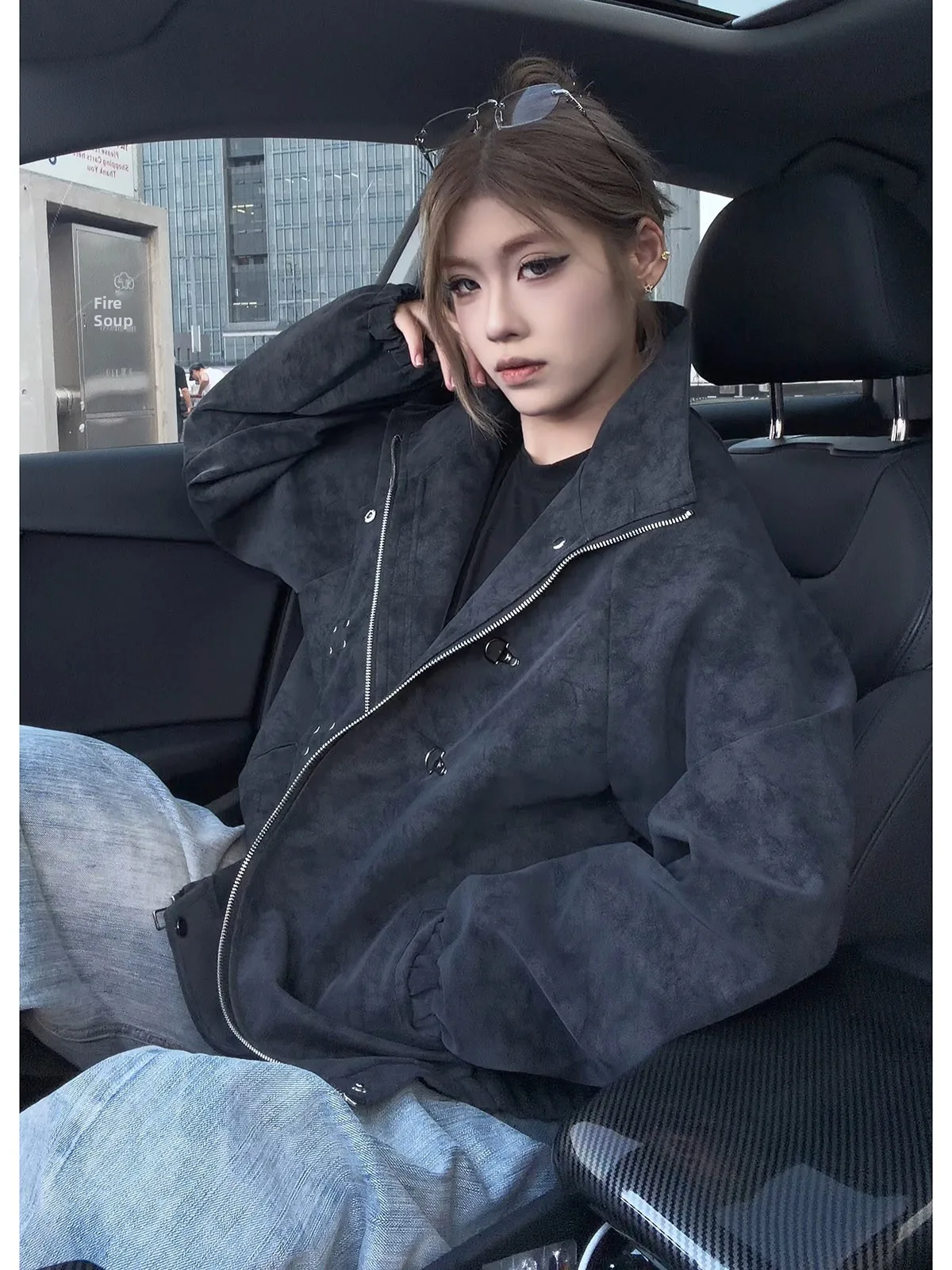 Retro Style American Dyed Jacket Men's Autumn Loose Casual Top Stand Collar PU Leather Jacket with Airplane Buckle
