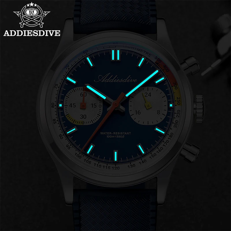 ADDIESDIVE Męski Zegarek Kwarcowy Chronograf BGW9 Luminescencyjny Wodoodporny Zegarek 38MM Szkło Bąbelkowe Fluorokarbonowa Guma Luksusowy Zegarek na Rękę