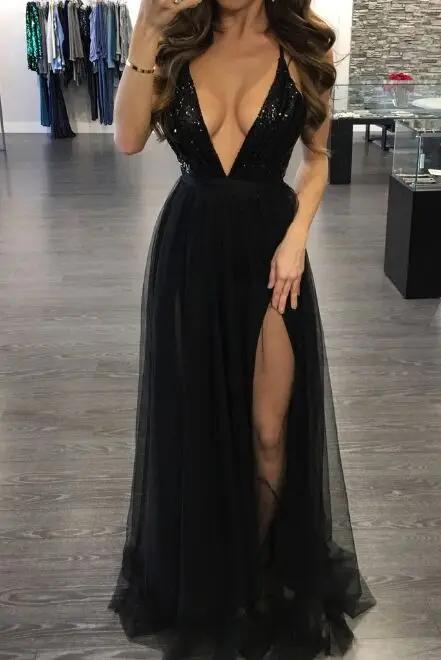 

Women's Deep V Neck Sleeveless Elegant Formal Prom Long Maxi Cocktail Party Ball Gown paillette Bandage Blackless Dress