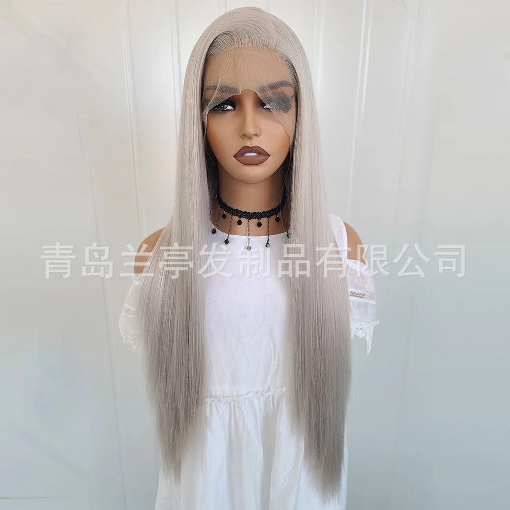 Synthetic Lace Front Wig Hand-Tied Natural Blend Fiber Light Grey Long Straight Cosplay Costume Fashion Party Hair