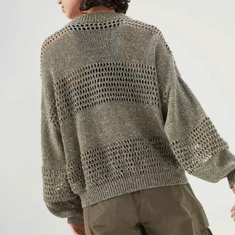 Otoño nuevo cárdigan de punto con huecos de lentejuelas mezcladas de lino con cuello redondo para mujer y2k chaqueta casual simple de moda de alta calidad