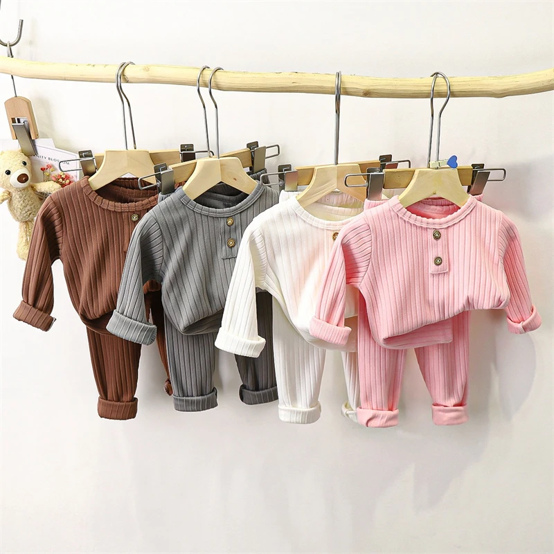 Kids Thermal Fleece Pajama Set Baby Boys Girls Ribbed Long Sleeve Top+Pants 2Pcs Autumn Winter Warm Homewear Sleepwear Outfit