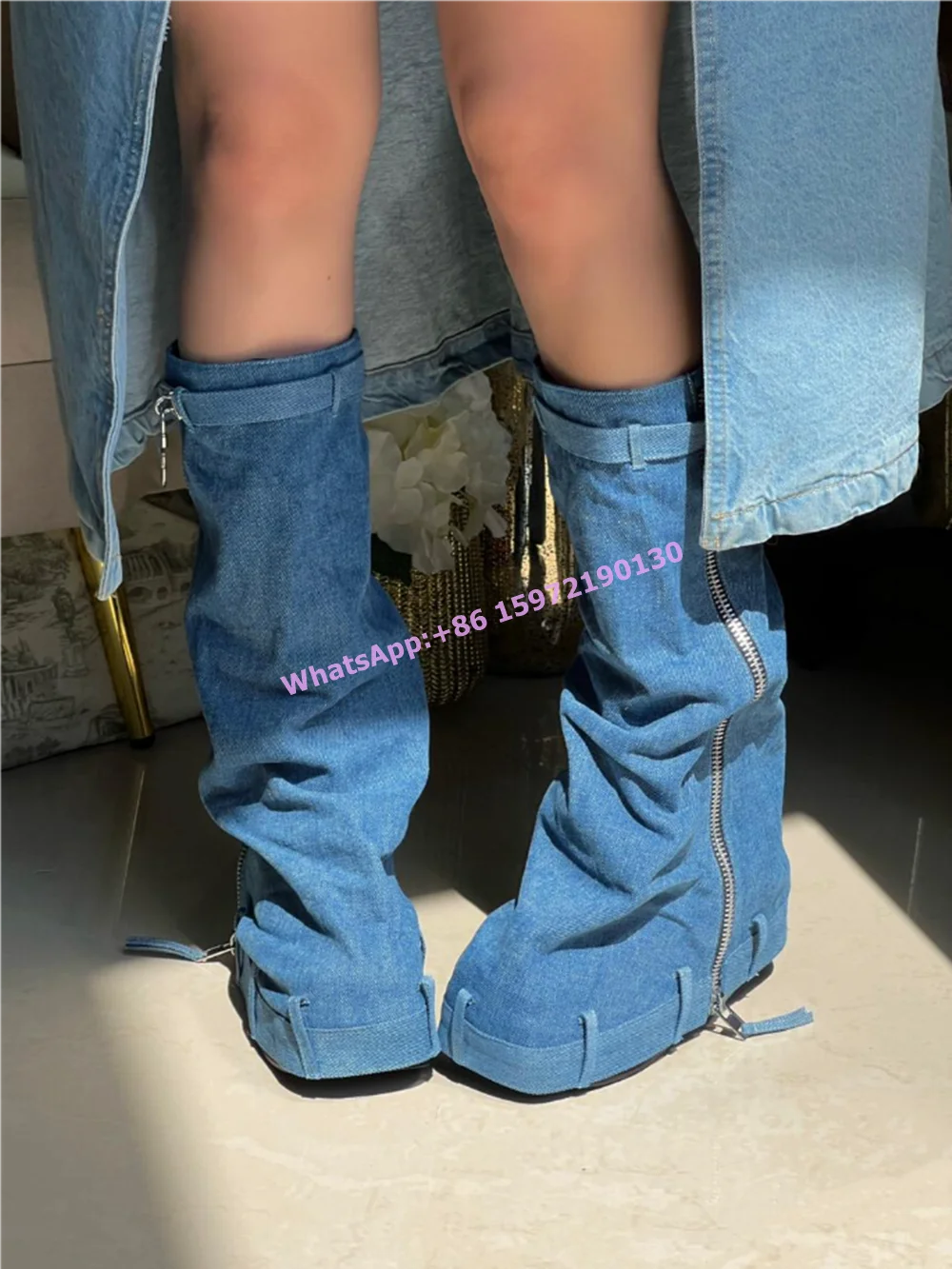 Denim Blue Metal Lock Shark Boots Thick Soled Side Zipper Round Toe Turned-Over Edge Solid Shoes Hotties Fashion Runway Shoes
