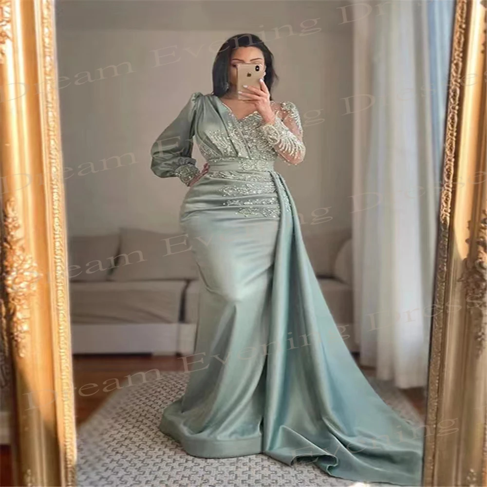 Elegant Satin V Neck Mermaid Modern Evening Dresses Lace Applique Beads Prom Gowns Full Sleeves Saudi Arabia Vestidos De Fiesta