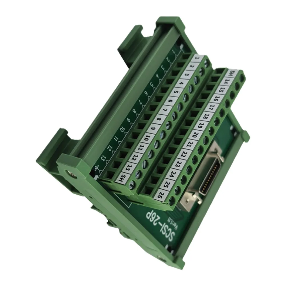 26-Pin Green Terminal Block SCSI-26P-CN-F PA66 Material Copper Contacts for DIN Rail Mounting 8.3 x 8.7 cm Dimensions