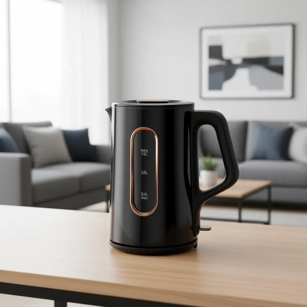 

Электрический чайник, стеклянная внутренняя часть с двойными стенками, 1,5-литровый нагреватель для воды, 1200 Вт, 53 унции, без BPA, глянцевый черный