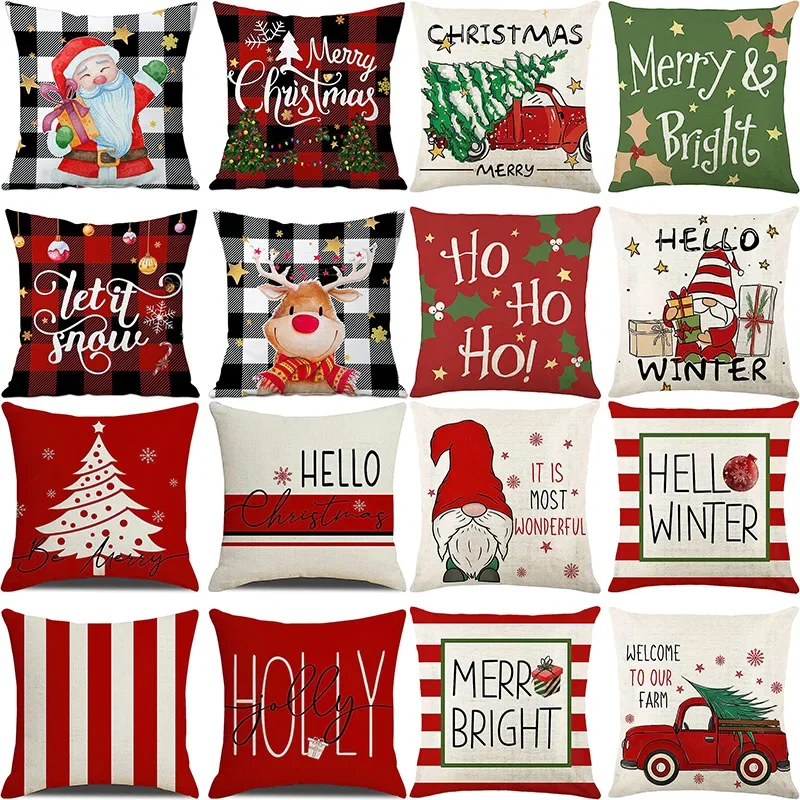 Christmas linen pillowcase, Santa Claus printed pillow, cushion cover, home living room decoration cushion cover