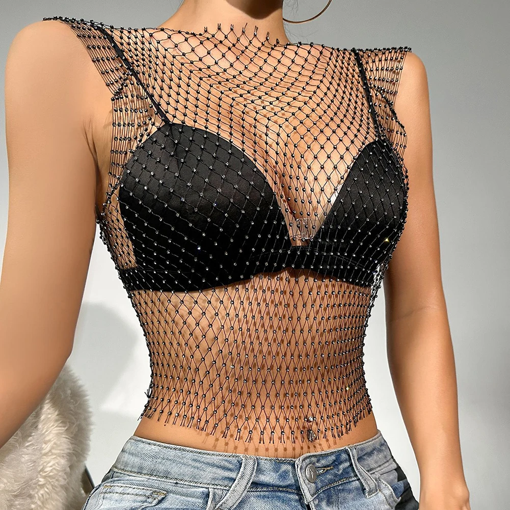 1pc Fashion Hot Women Sexy Shiny Rhinestone Vest Fishnet Y2K Nightclub Streetwear Cropped Tank Tops Sleeveless