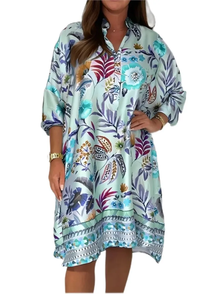 

Summer New Fashion Floral Print Midi Dresses Lady Casual Long Sleeve V Neck Button Loose Dresses For Women Holiday Boho Dress
