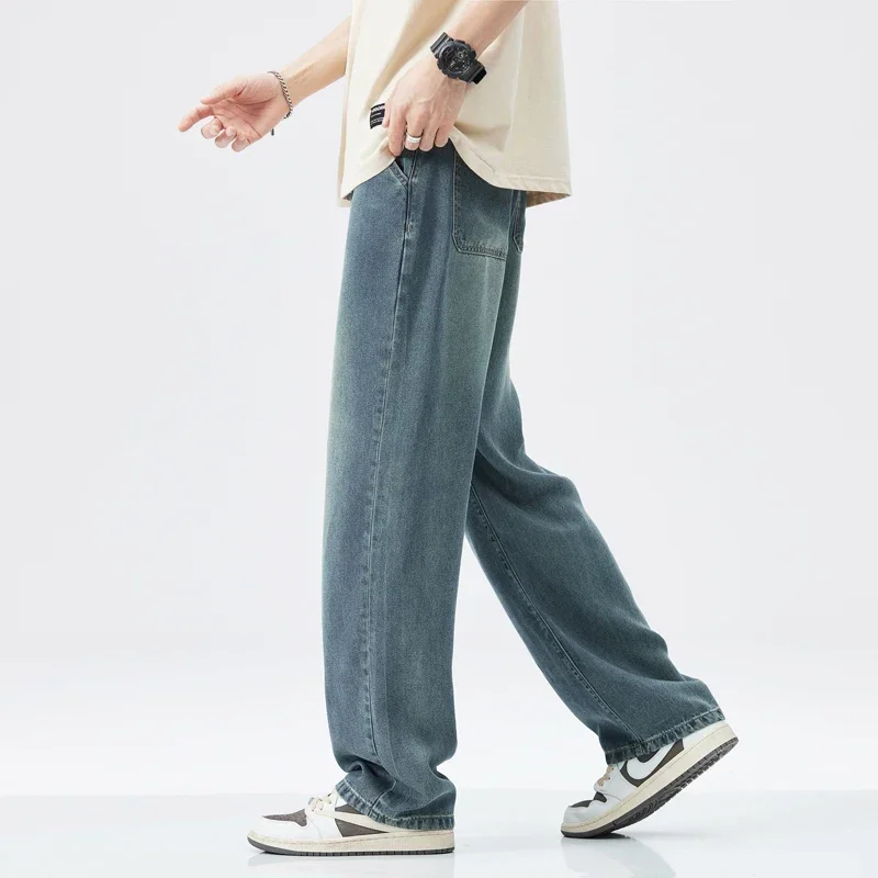 Moda coreana masculina high street casual em linha reta lyocell tecido calças jeans baggy simples masculino calças largas jeans vintage