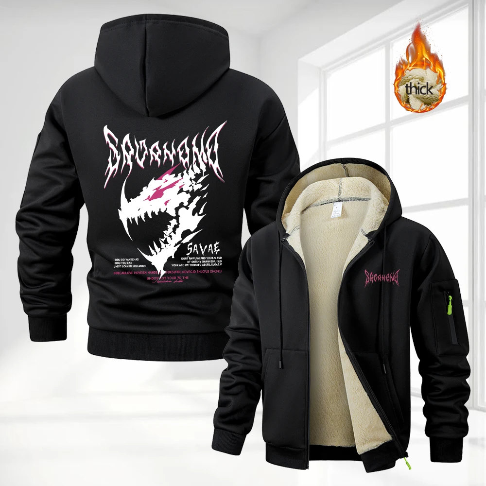 Men's Thick Hoodie With Thorn Dragon Print Zipper Sweatshirt Autumn And Winter Outdoor Casual Warm Sports Commuter Cardigan