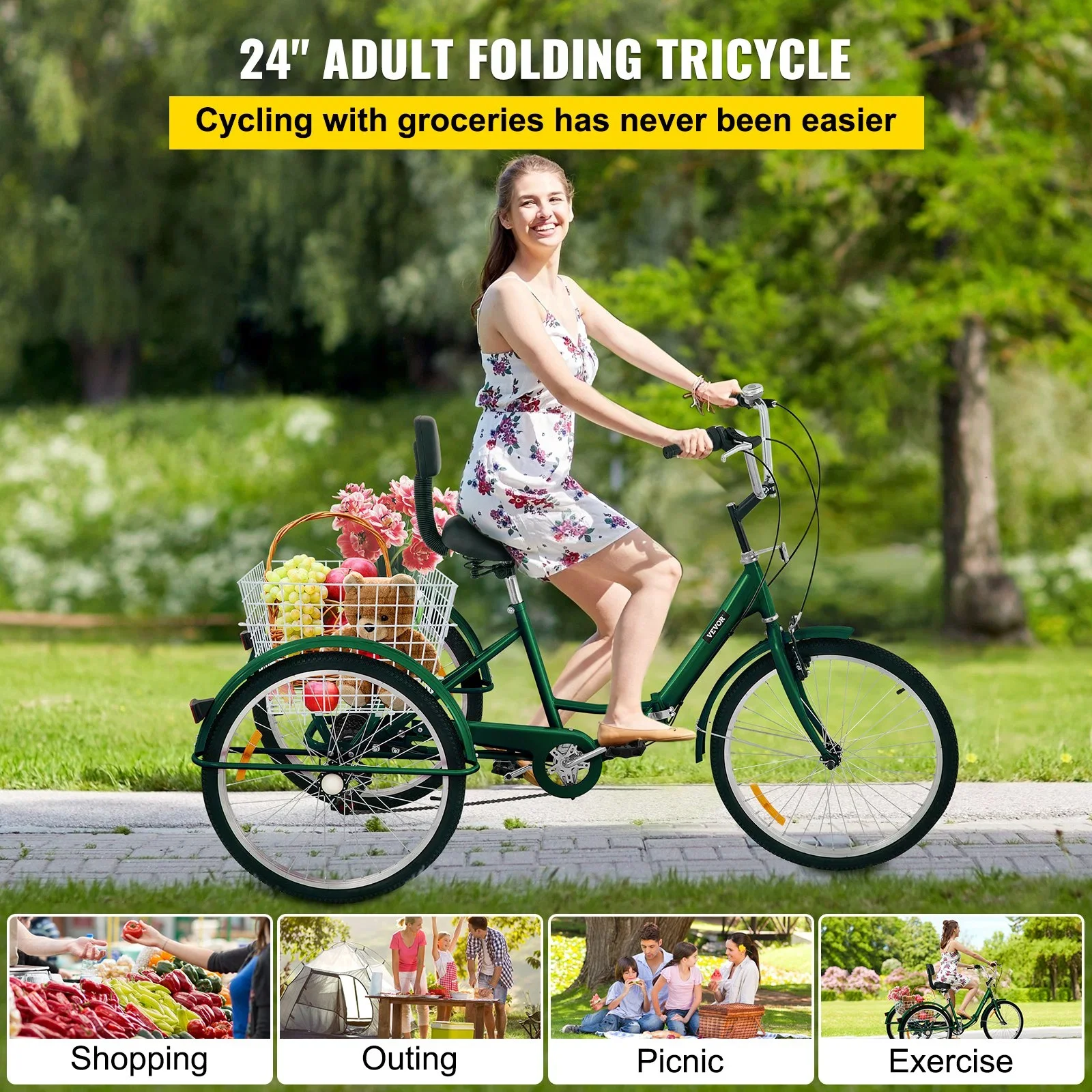 Tricycle Adult 24'' Wheels Adult Tricycle 7-Speed 3 Wheel Bikes Foldable Adult Tricycle 3 Wheel Bike Trike