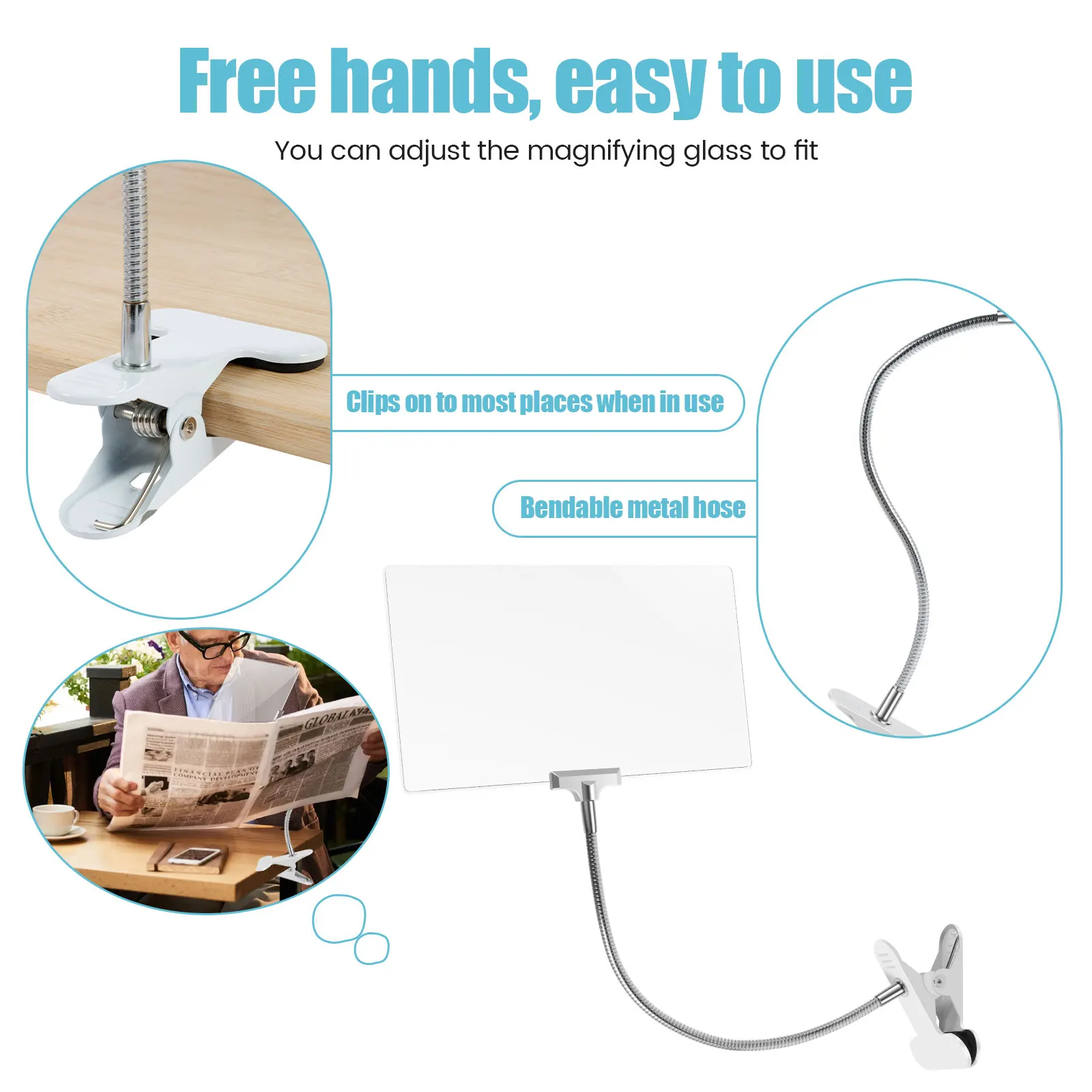 4X Magnifying Glass with Clip Large Page Magnifier with 360 Degree Flexible Neck Multipurpose Book Page Magnifying Glass Clip On