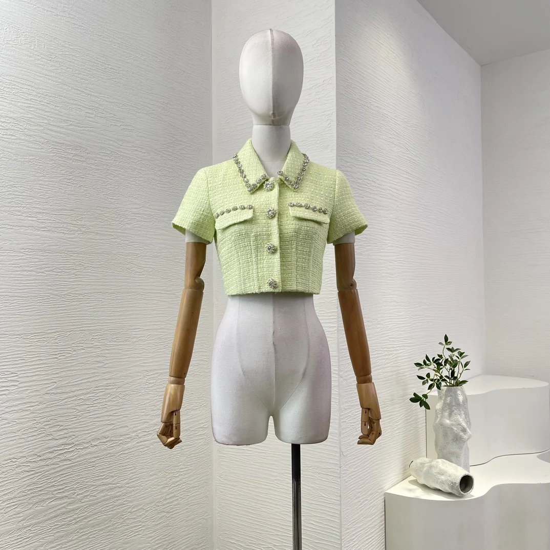 

2025 New High Quality Mint Green Short Sleeve Tweed Diamonds Jacket Tops and Skirt Set