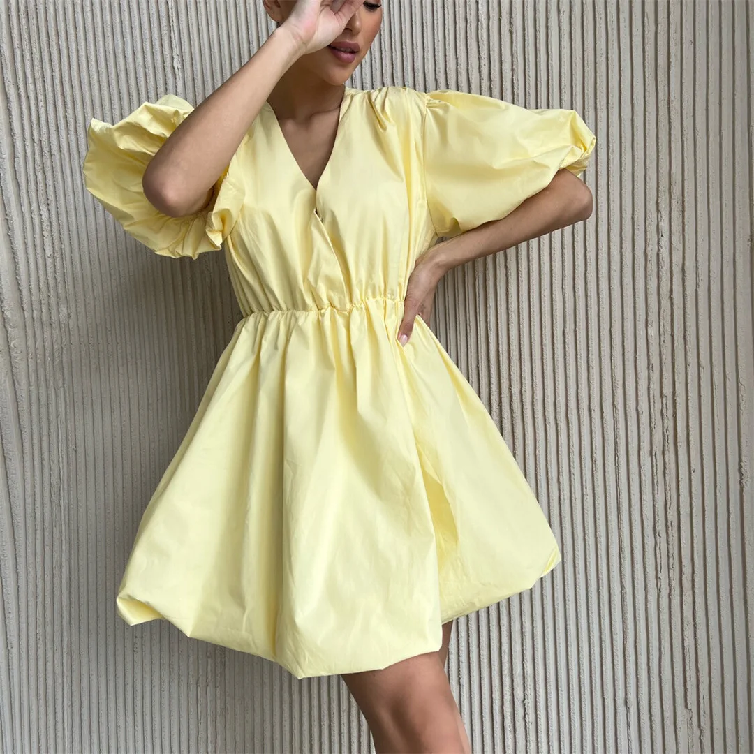 Lantern Sleeve Mini Dress Summer Fashion Style Elegant Women Solid Color Robe Femme A Line Vestidos De Fiesta V-Neck Sun Dresses