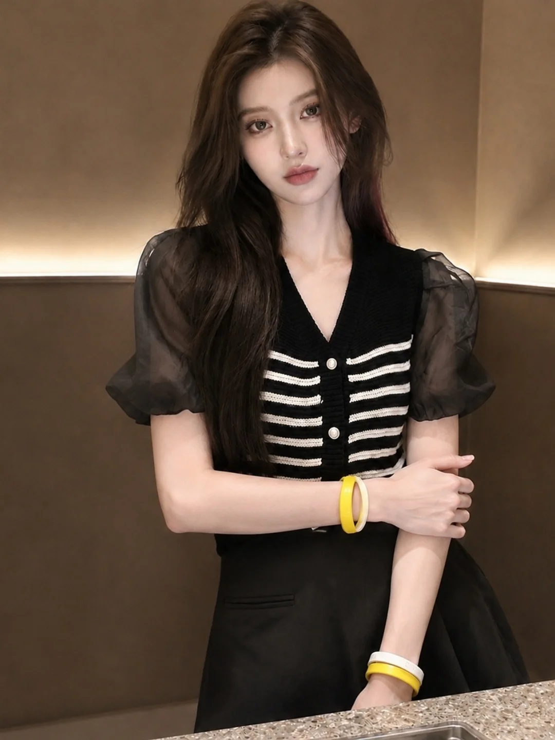 Summer 2026 Women's Knitted Short Sleeve V-Neck Single Button Color Block Striped Design Top Korean Style Soft Straight Cut