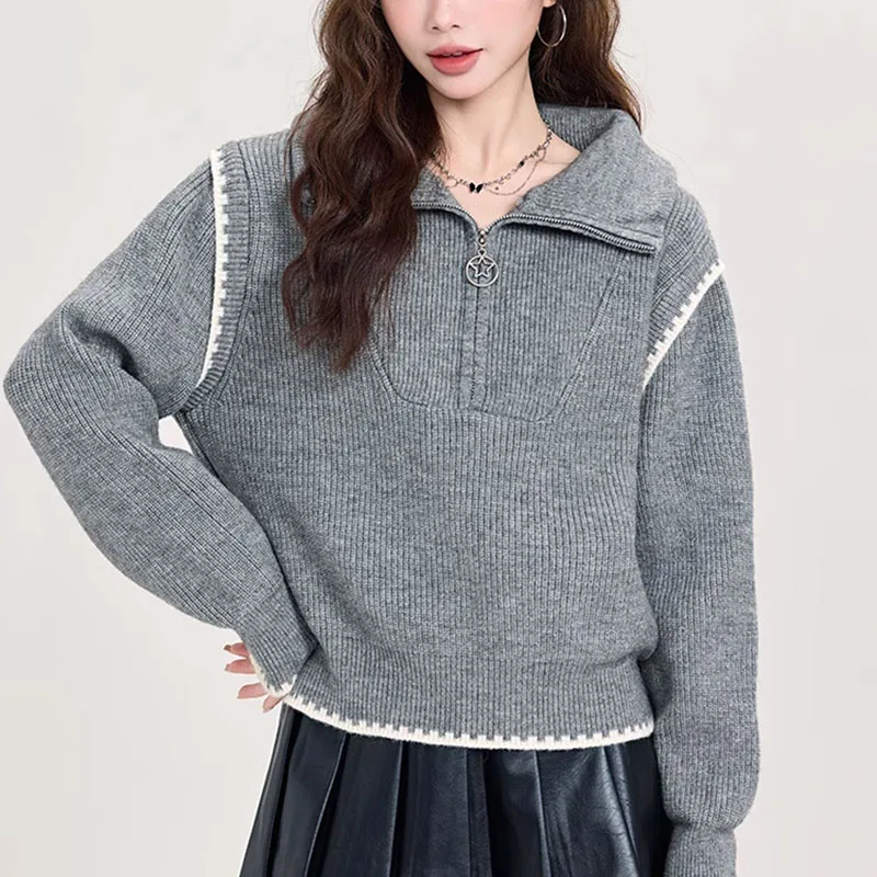 Women Half‑Zip Knit Sweater Contrast‑Color Trim Long‑Sleeve Loose Ribbed Cropped Pullover Autumn Winter Casual Warm Knitwear Top