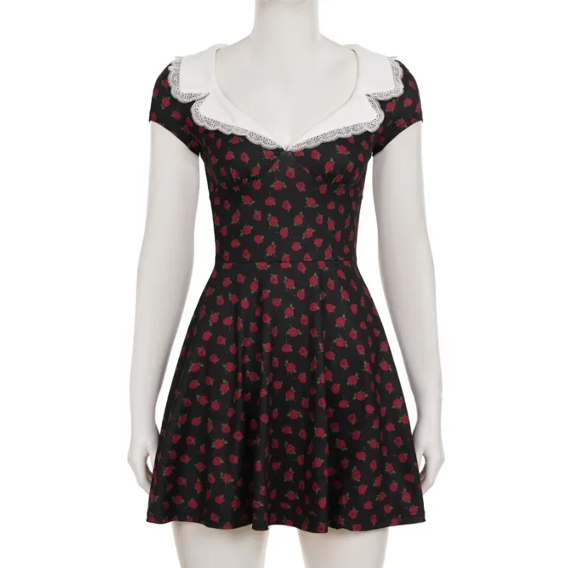 فستان قصير مطبوع عتيق من Talenza أنيق بخصر عالٍ ورقبة على شكل حرف v فستان ضيق مرقع على شكل حرف a Y2k فساتين نسائية صيفية للحفلات