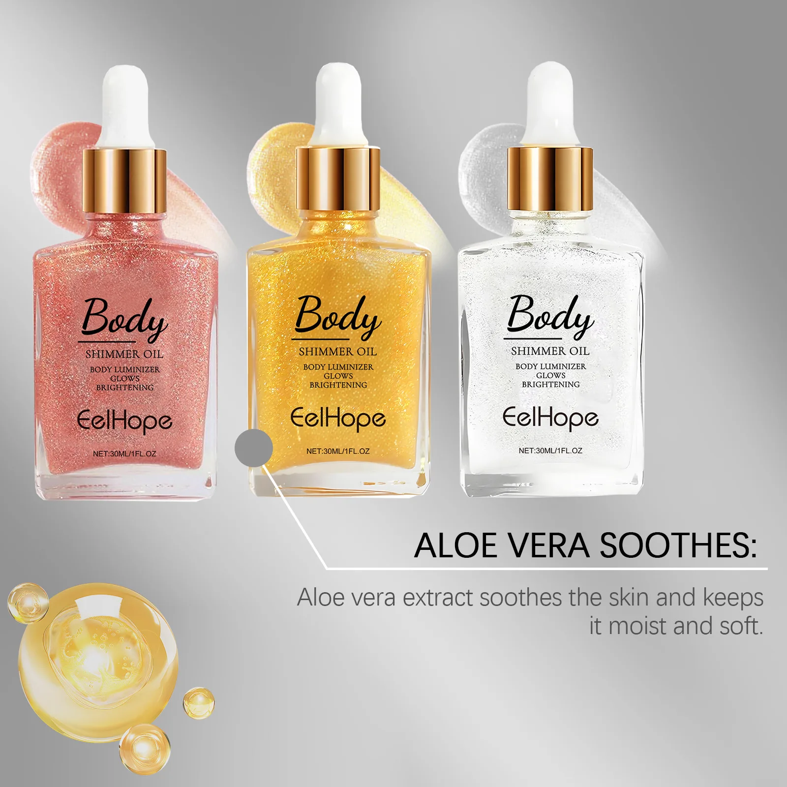 زيت الجسم اللامع مع البريق، يتوهج بالكامل للجسم والوجه، ترطيب طبيعي وتسليط الضوء، نباتي، مكياج الحفلات