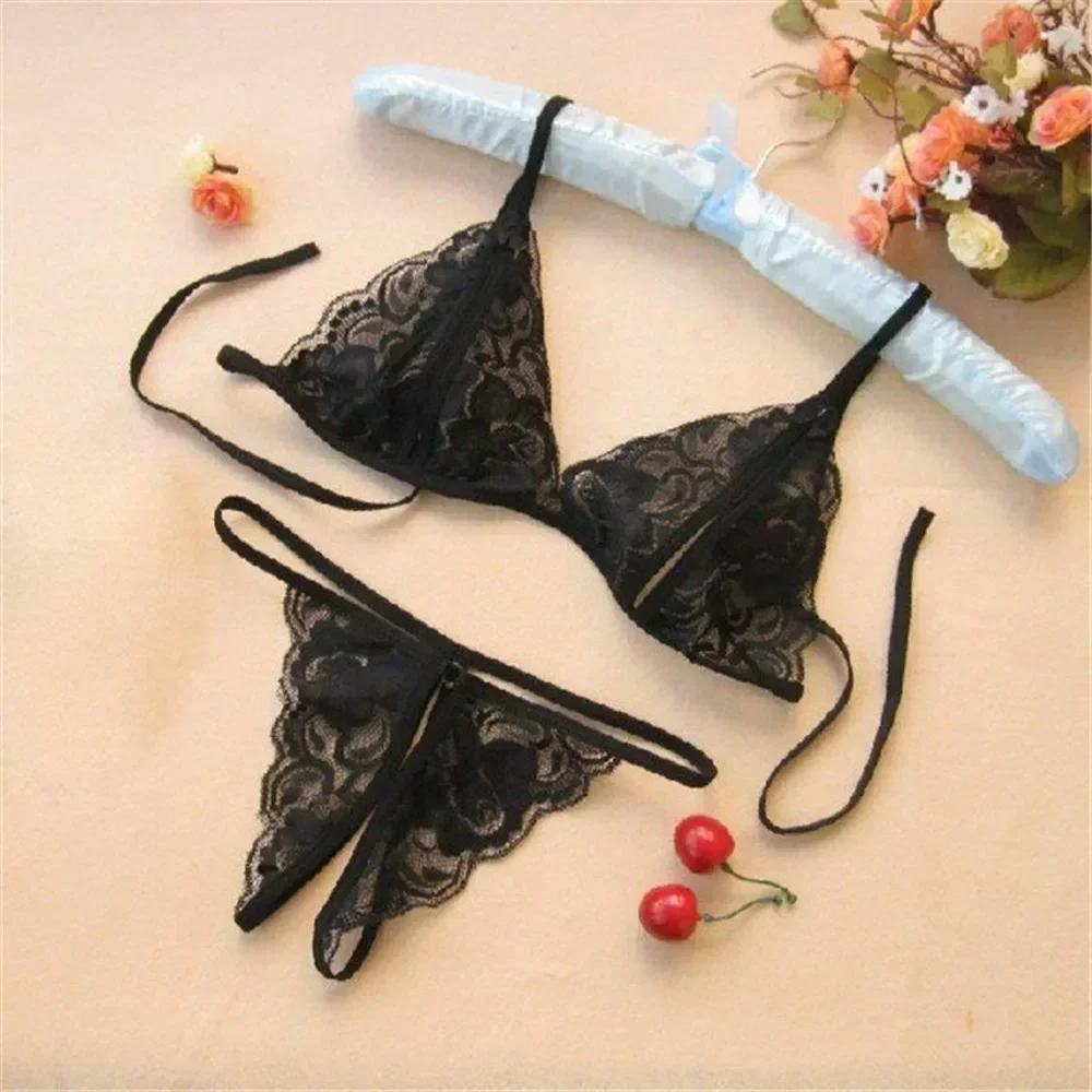 Sexy Women Seductive Underwear Suit Lace Bra Crotchless Thong Panties Erotic Sleepwear Three Point Perspective Nightwear 2pcs