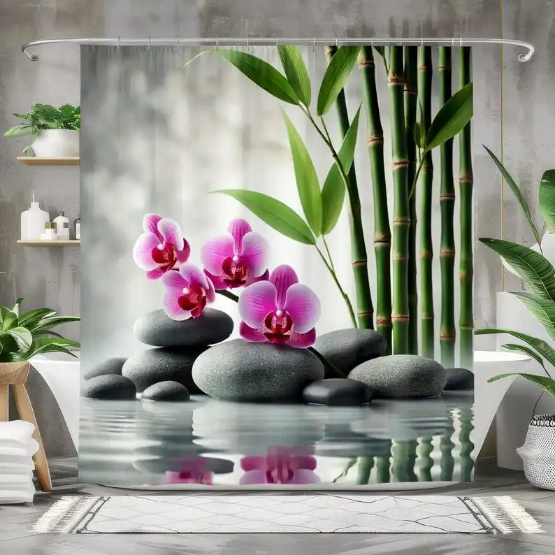 Rideau de douche orchidée et bambou, rideau de bain en tissu imperméable, décor de salle de bain Zen Spa, conception de pierres tranquillées