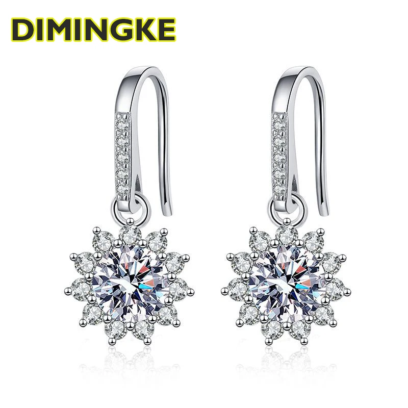 

DIMINGKE 1+1 Carat Moissanite Flower Earrings Super Flash D VVS Pass Diamond Test 100% Solid S925 Jewelry Wedding Women Gift