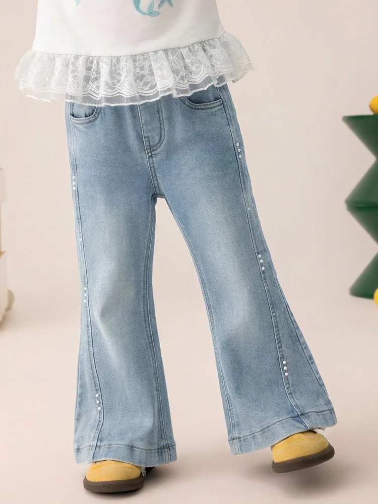 

Детские джинсы-клеш с жемчужным декором для девочек, весна 2026, новые, высокоэластичные, универсальные, облегающие брюки из денима