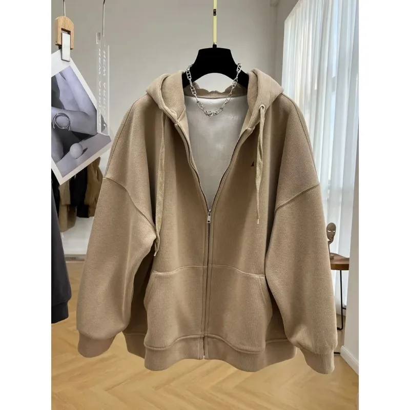 Modisches, einfarbiges, samtverdicktes Kapuzen-Sweatshirt für Damen, Herbst und Winter, fauler Stil, Strickjacke mit Reißverschluss, vielseitige Jacke