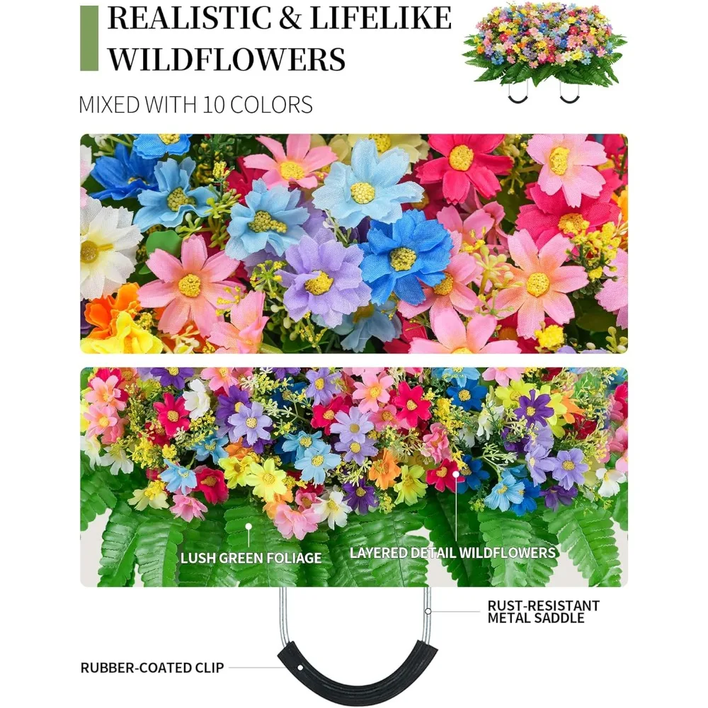 Artificial Headstone Flower Saddle, Colorful Wildflower Grave Decor, Spring Easter Memorial Day Cemetery Tombstone Gravestone Ou