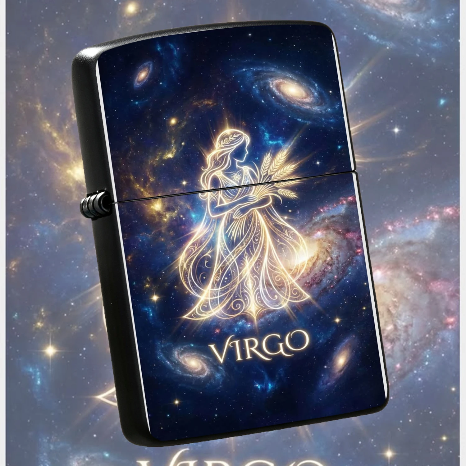 Exquisite Starry Virgo Themed Lighter, Glowing Golden Maiden With Wheat Ears Design Under Cosmic Nebula Galaxy Background, Portable Stylish Accessory For Daily Use Gatherings Gifting, Unique Aesthetic Souvenir For Enthusiasts A Humorous And