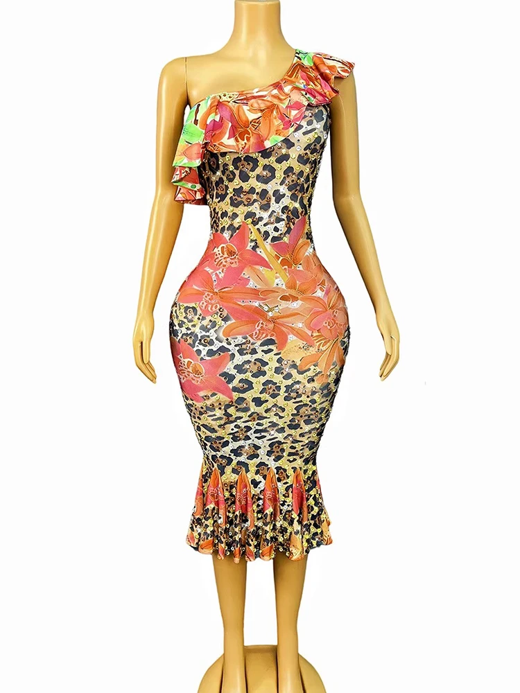 Hoge kwaliteit hot stamping sexy luipaardprint onregelmatige lotus rand jurk 2025, nieuwe modieuze aangepaste dameskleding