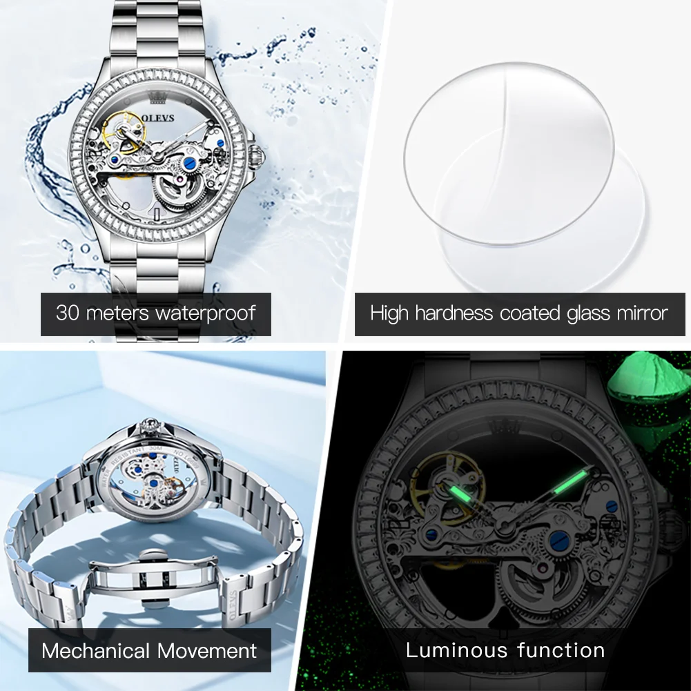 OLEVS 6699 Hollow Flywheel Mechanical Watch For Women Diamond Luxury Dial Automatic Woman Watches Waterproof Ladies Hand Clock