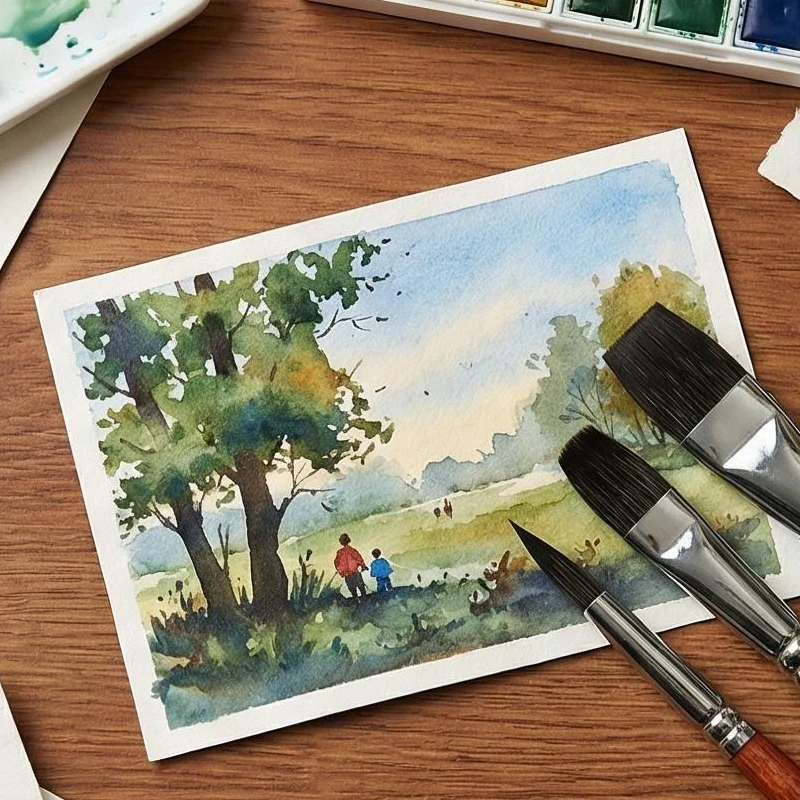 Reise-Aquarellpinsel, 6 Stück, Kurze Griffe, Eichhörnchenhaar-Pinsel für Aquarell, Tinte, Gouache mit PU-Tasche – Detail 9