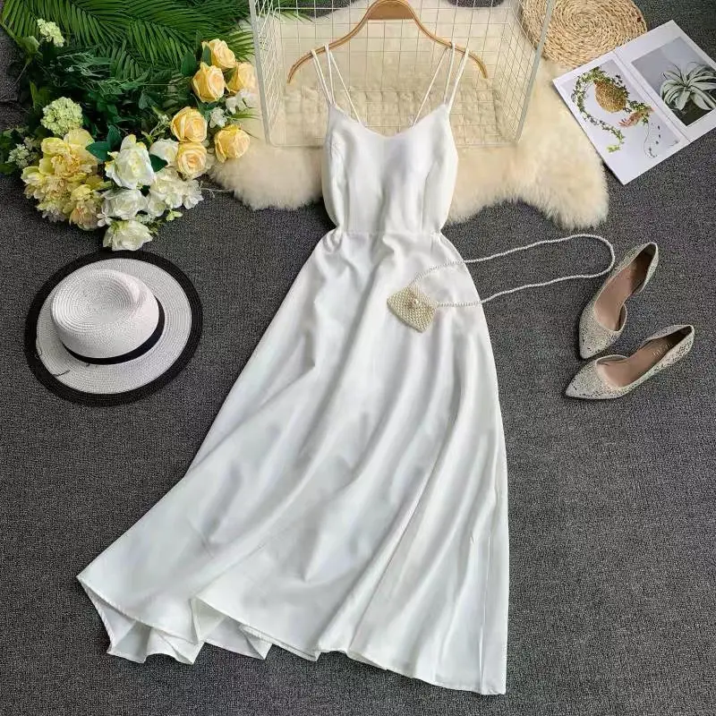 New-Coming Spring Summer Holiday Dress Cross Spaghetti Strap Open Back Solid Beach Style Ankle-Length Women Dresses