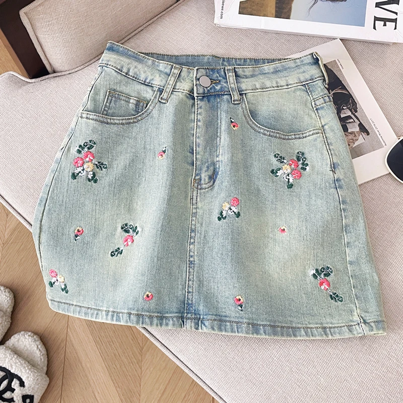 

Korean Women Elegant High Waist Flower Embroidery Denim Skirts Female Casual Streetwear Jeans Mini A-line Skirts 2024 New Summer