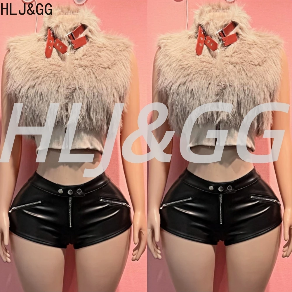 

HLJ&GG Y2K Fashion Fake Fur Zipper Vest Two Piece Sets Women Sleeveless Tank Top And Leather Shorts Outfits Female Streetwear