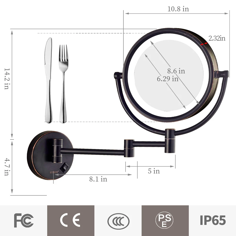 GURUN 8.5 Cal lustro do makijażu z 3-tonowymi lampkami LED dwustronna próżność 3/5/7/10X lustro powiększające do łazienki czarny Hotel