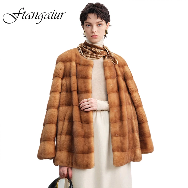 

Зимнее импортное пальто из норки Ftangaiur Swan Velvet с круглым вырезом, женское короткое пальто из натурального меха норки с горизонтальной раскладкой