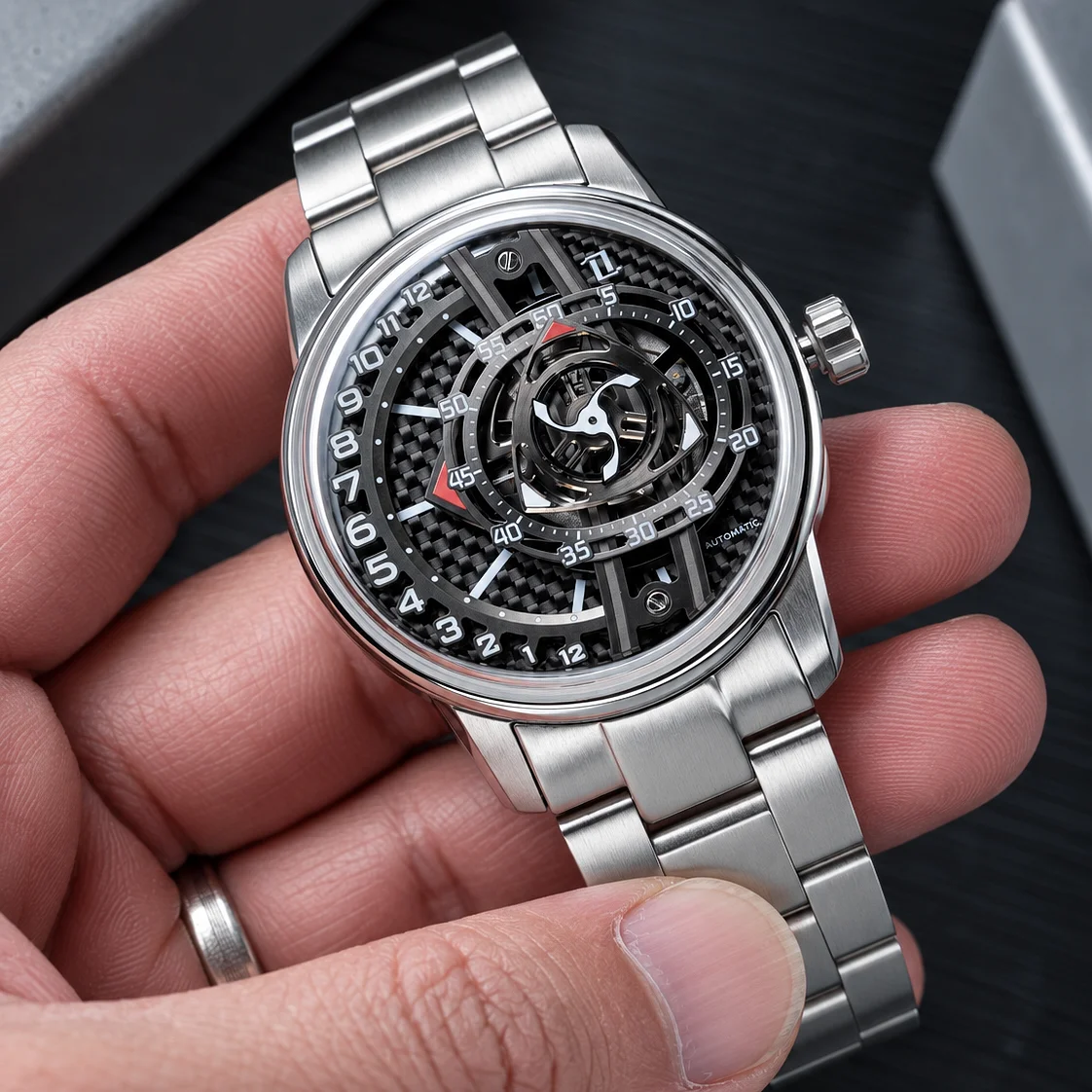 OBLVLO Men's Racing-Style Forged Carbon Automatic Watch – Creative Rotor-Inspired Design, Stainless Steel Bracelet, Water-Resist