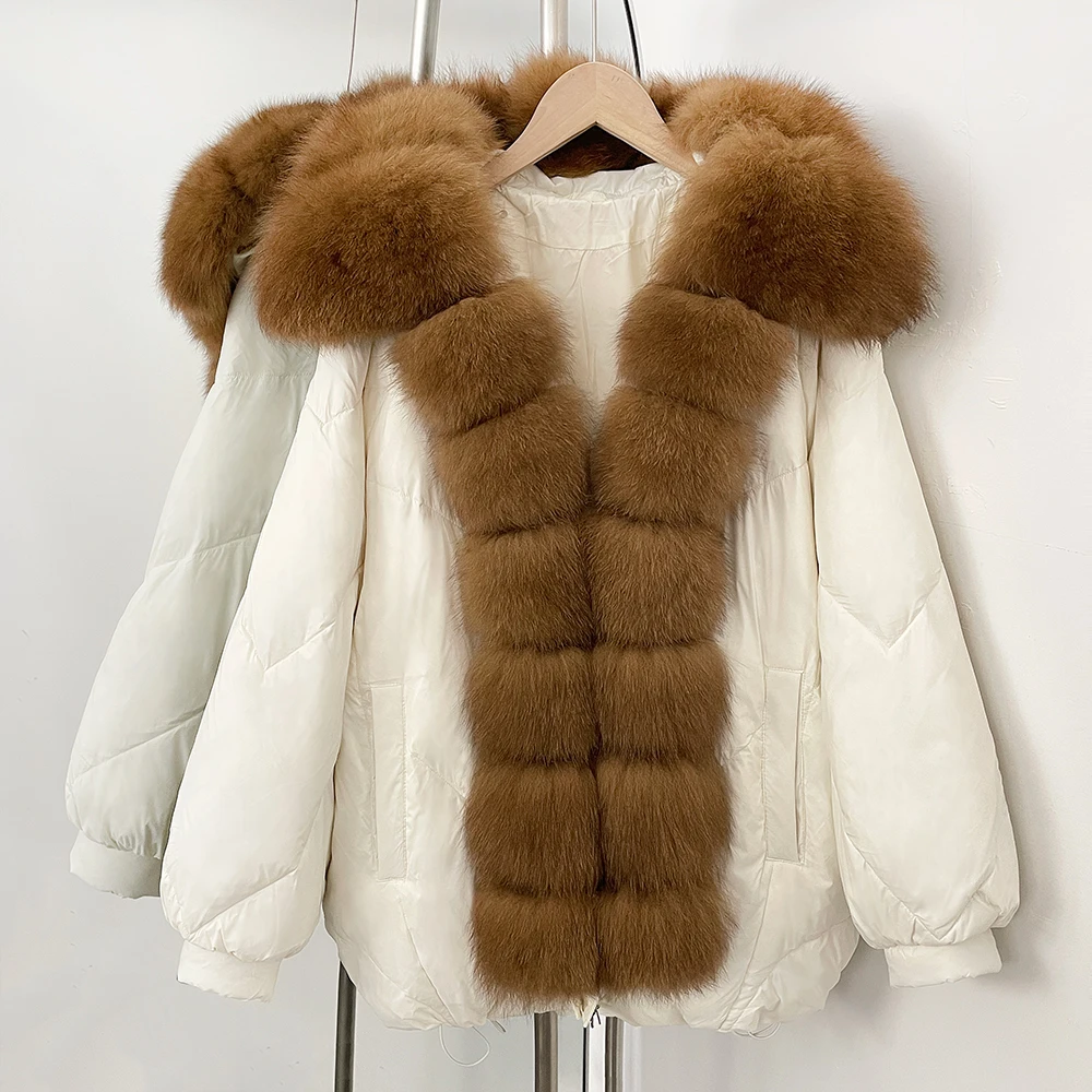

Loose Fashion White Duck Down Jacket Ladies Winter Vintage Real Fox Fur Collar Parka Women Outerwear Short Puffer Coat Female