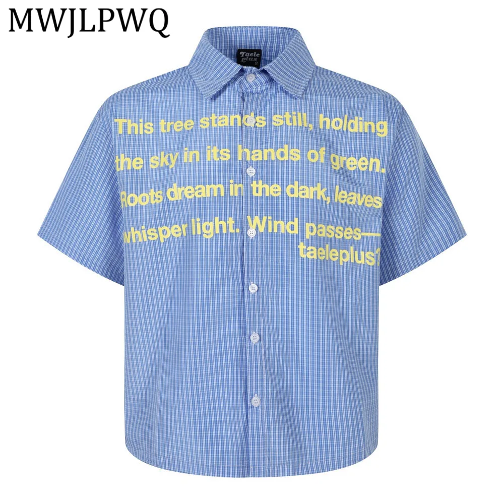 MWJLPWQ Plaid Short-Sleeve Letters Casual Men's Shirt Trendy American-Style Drawstring Hem Summer Turn-Down Collar Tops 16100