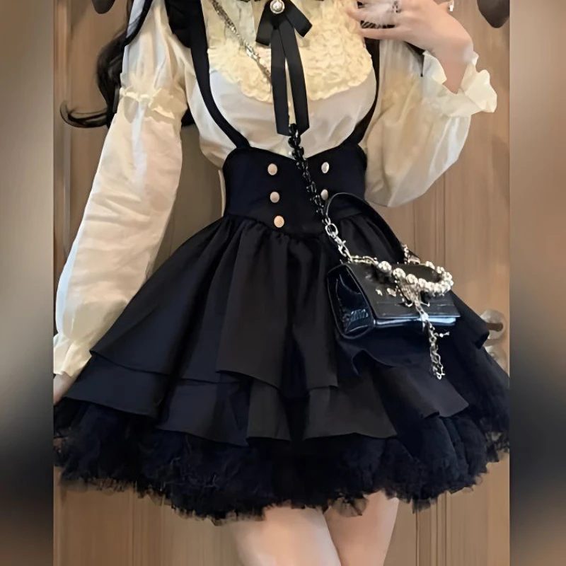 College Style Shoulder Strap Bow Dress New Spring and Autumn Pure Desire Sweet Doll Shirt Two-piece Set - Image 4