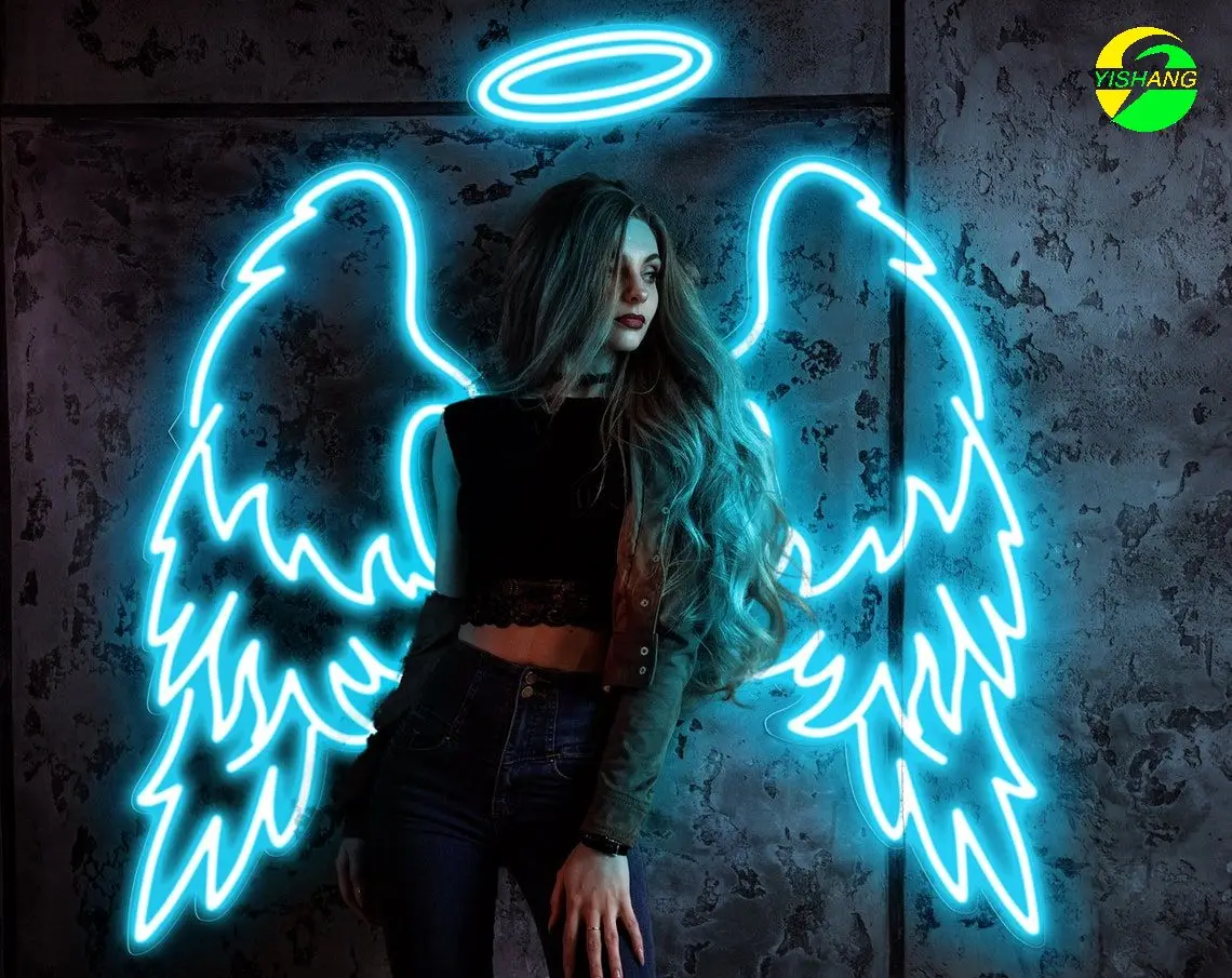 Angel Wings With Halo And Text LED Neon Sign - Nimbus Neon, Wedding Decor,Neon Wall Decor, Photo Zone, Neon Sign Custom