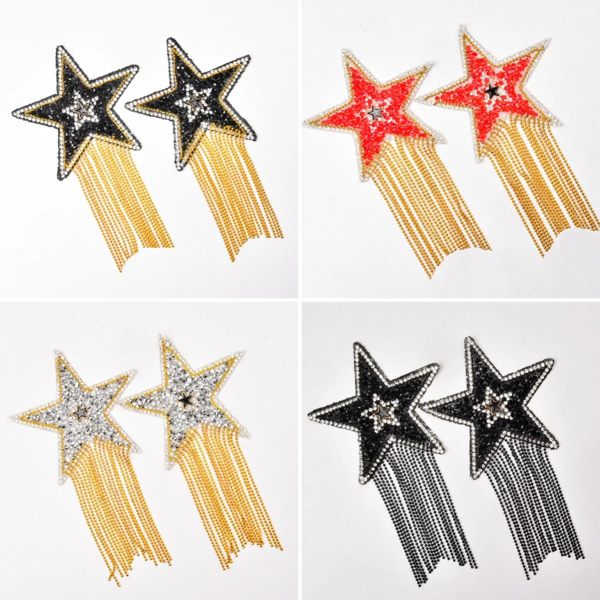 Sparkling Rhinestone Applique Five-Pointed Star Tassel Clothes Patches Iron-On Stickers For Dress Accessory Sewing Clothing