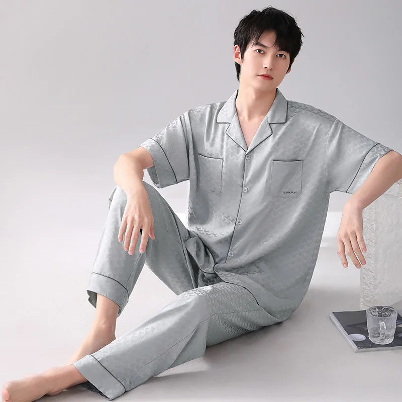 Summer Men's Silk Satin Pajamas Short Sleeve Tops Long Pants Sleepwear Pajama Sets Casual Cardigan Sleep&Lounge Pyjamas Male