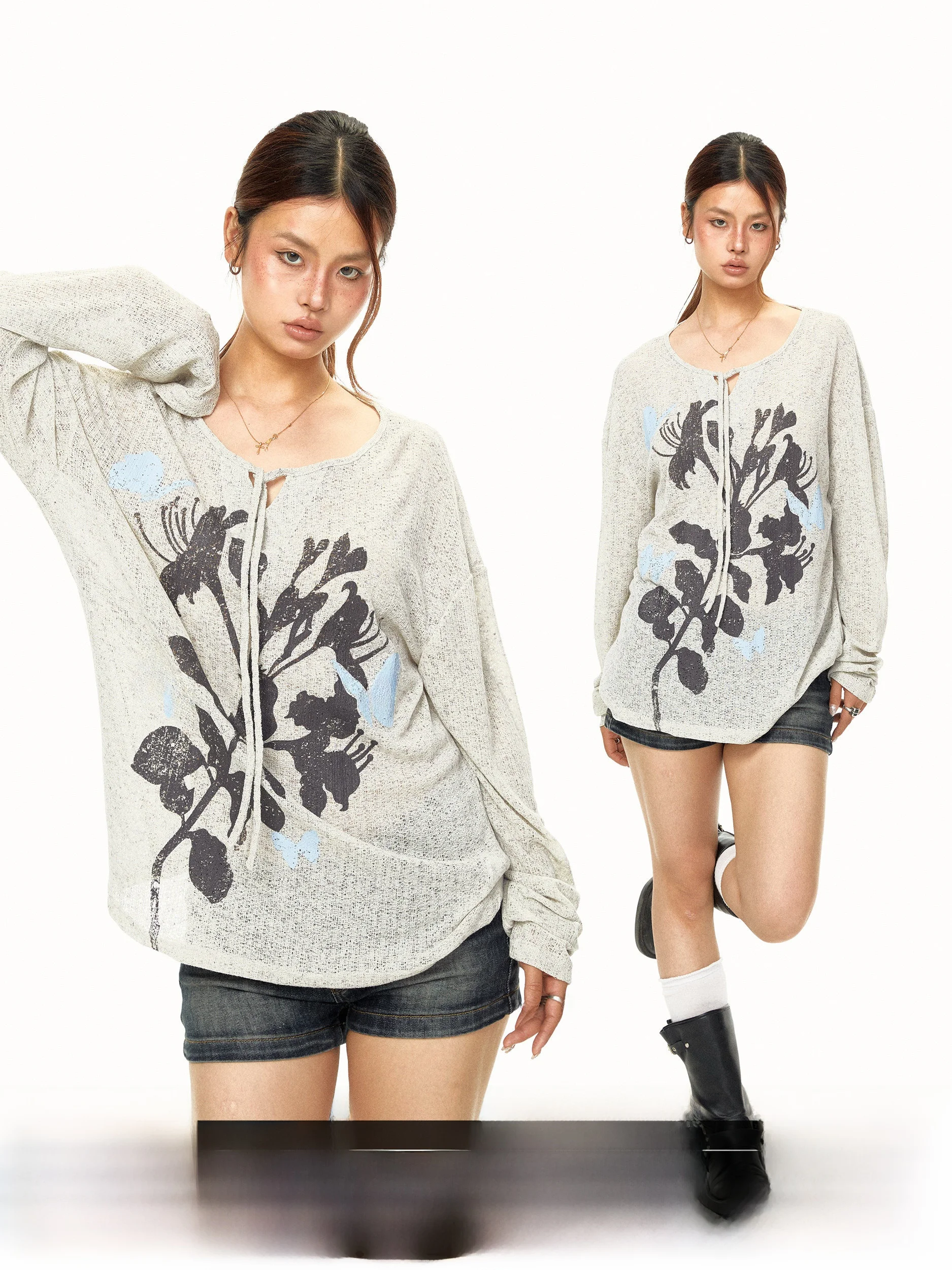 Retro Forest System Long Sleeve T-Shirt Women's Loose Casual Top Knot Cover up Female Summer Thin Polyester Linen Blend