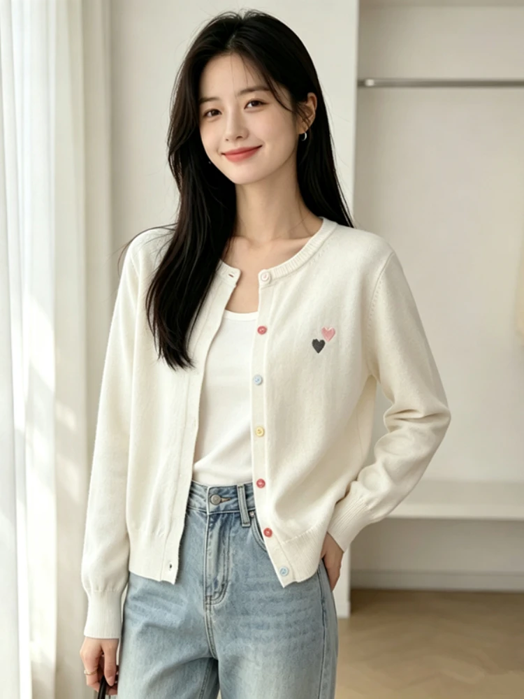 Stylish Vibrant Outerwear Coat Korean Style Heart‑Shaped Embroidered Women Knit Cardigan Autumn Winter Colorful Buttons Sweater