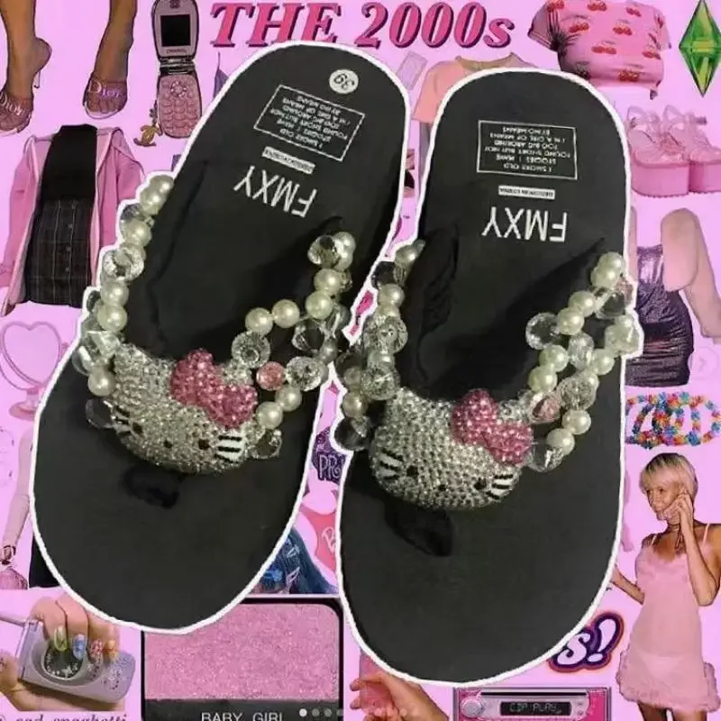 

Ins 6Cm Sanrio Hello Kitty Y2K Full of Diamonds Flip Flops Beach Shoes Pearl Shine Kitty High Temperament Heel Slippers Gift Toy