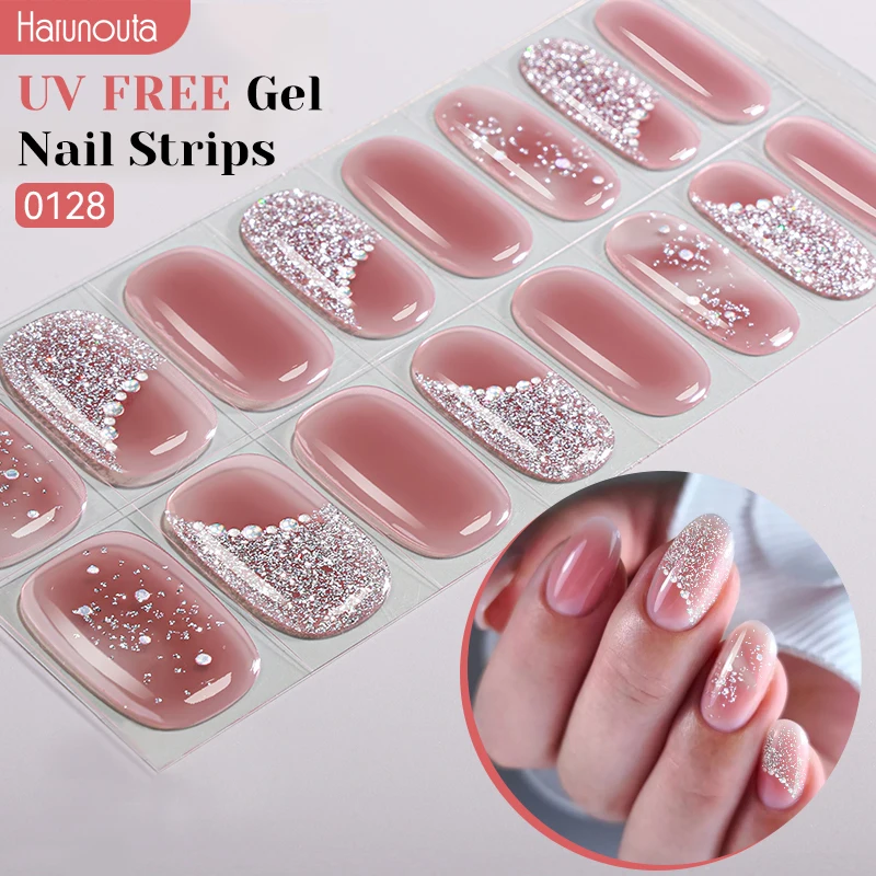 UV Free Nail Gel Strips Glitter Jelly Pink Gel Polish Nail Sticker Curing-free Adhesive Stickers for Nails Long Lasting Wrap