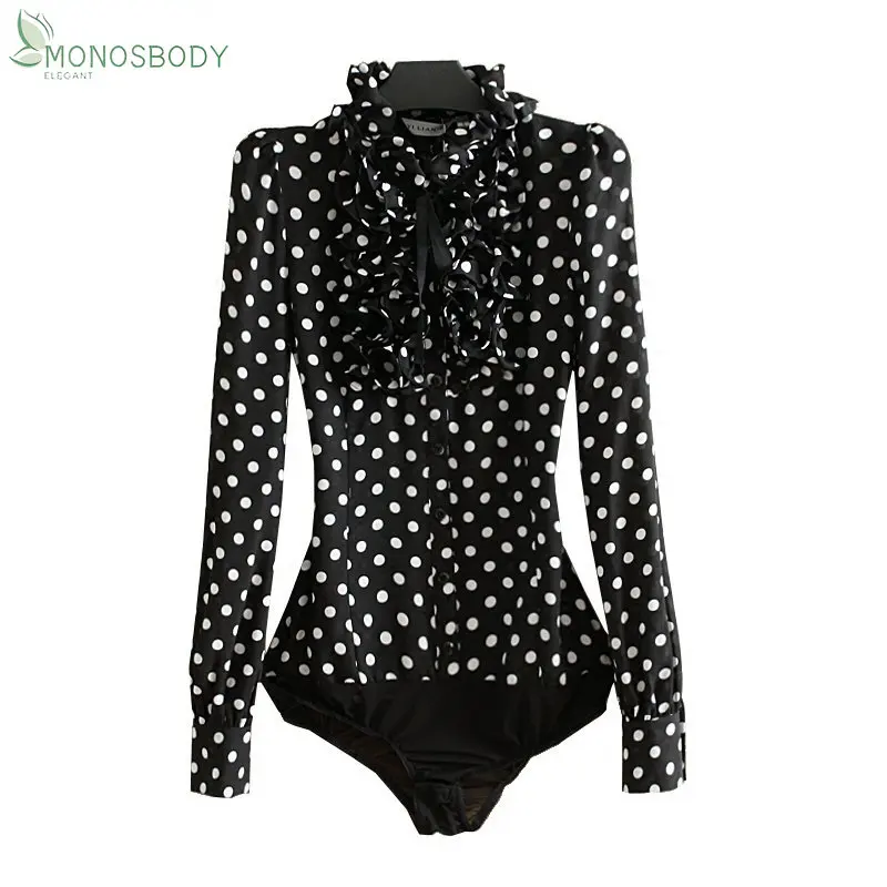 Fashion Polka Dot Black Bodysuits Women Business Work Wear Overalls Office Lady Rompers Female Tops and Blouses Elegant Shirts